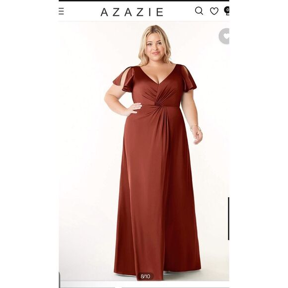 Azazie NWT Soren satin rust flowy pleated stretch satin dress 14 - Picture 1 of 16